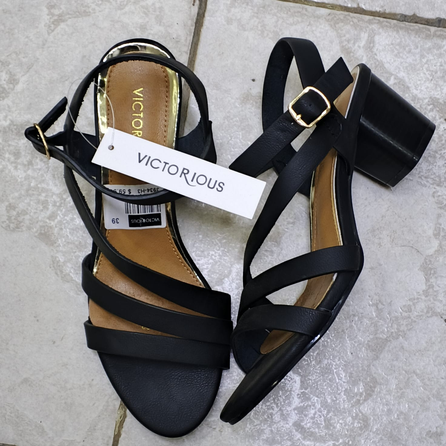 Victorious brand strappy block heel sandals featuring an open toe and an adjustable ankle strap with a gold-toned buckle