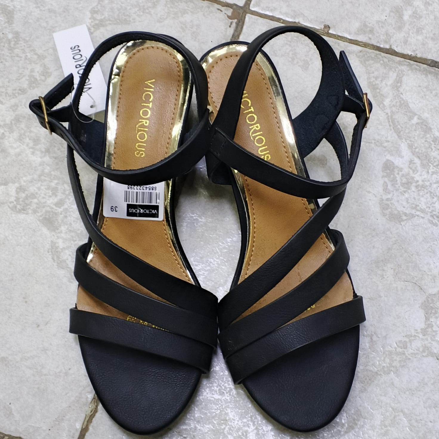 Victorious brand strappy block heel sandals featuring an open toe and an adjustable ankle strap with a gold-toned buckle